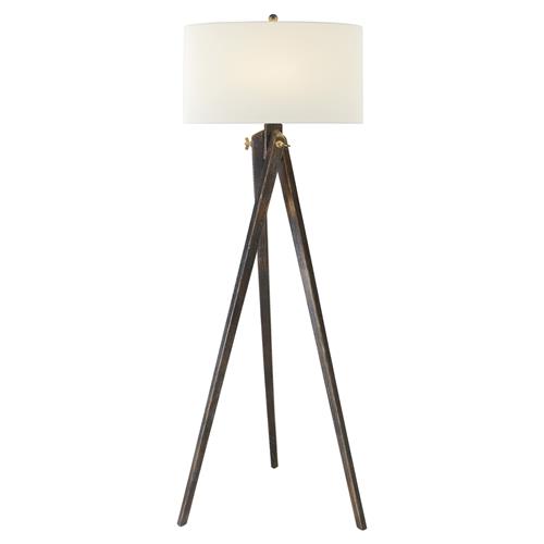 Visual Comfort Tripod Industrial Loft Tudor Brown Wood Linen Shade Floor Lamp