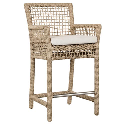 Sonia Coastal Beach White Upholstered Brown Woven Rope Outdoor Counter Stool