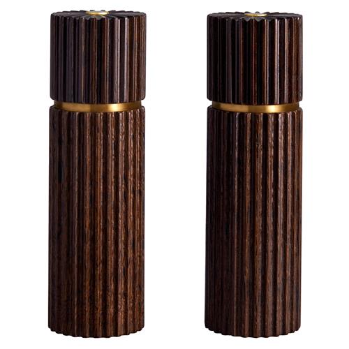 L'Objet Ionic Modern Smoked Oak Wood Brass Accent Salt & Pepper Mills Set - Thumbnail 2