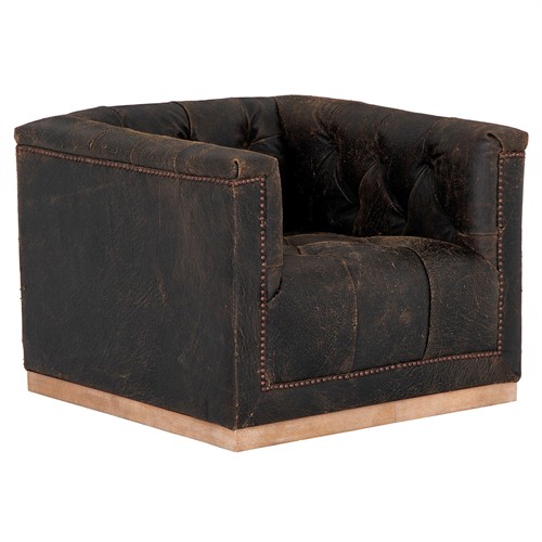 Emmy Rustic Lodge Vintage Black Leather Tufted Nailhead Trim Swivel Club Chair