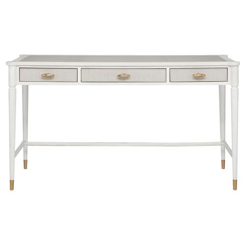 Ejiro Modern Classic Off White Mahogany Oak Wood Brass Pull 3 Drawer Desk