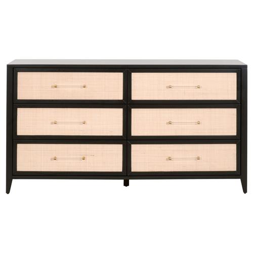 Steven Coastal Beach Natural Rattan Black Wood Frame 6 Drawer Dresser