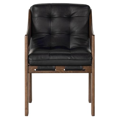 Hadley Rustic Lodge Black Upholstered Leather Brown Wood Tufted Dining Arm Chair