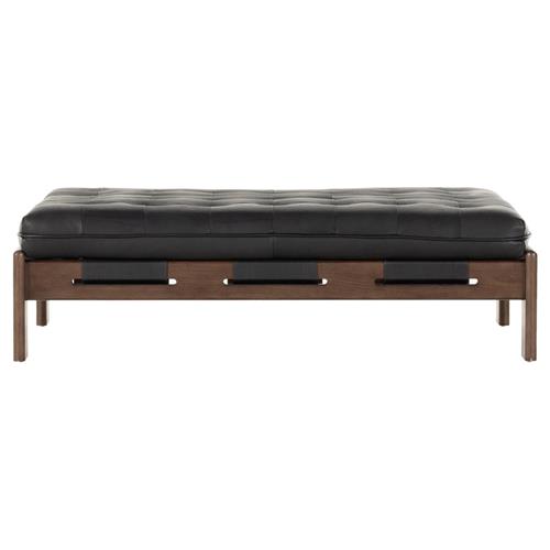 Hadley Black Upholstered Leather Brown Wood Rectangular Tufted Cocktail Ottoman