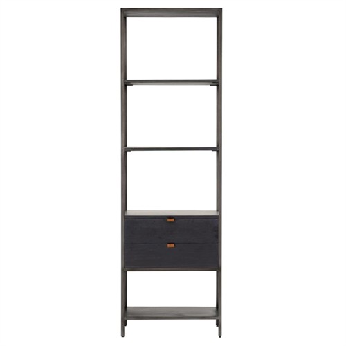 Open Box Theodore Industrial Loft Black Wood Grey Iron Frame 2 Drawer Display Bookcase