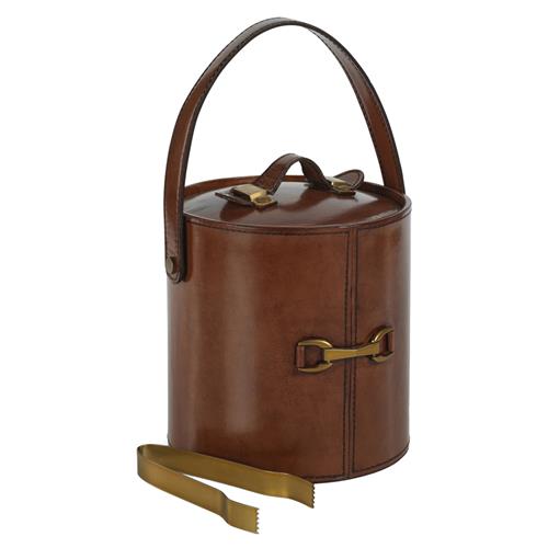 Fina Mid Century Tan Leather Antique Gold Brass Accent Ice Bucket with Tong