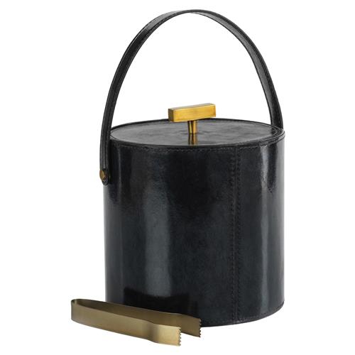 Fabiola Mid Century Blue Leather Gold Brass Ice Bucket with Tong