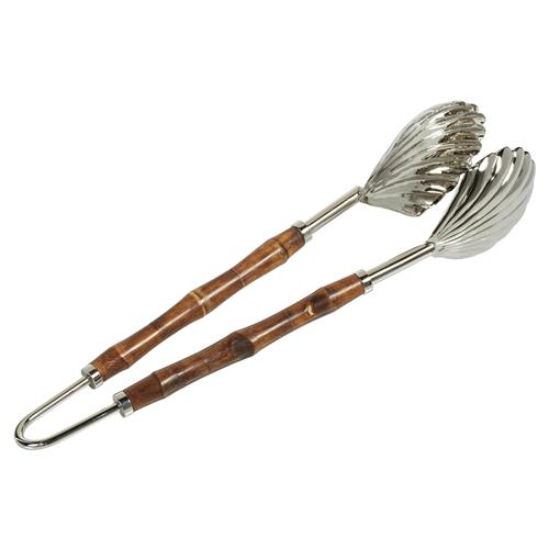 Fleur Coastal Beach Silver Stainless Steel Brown Bamboo Handle Serving Tong