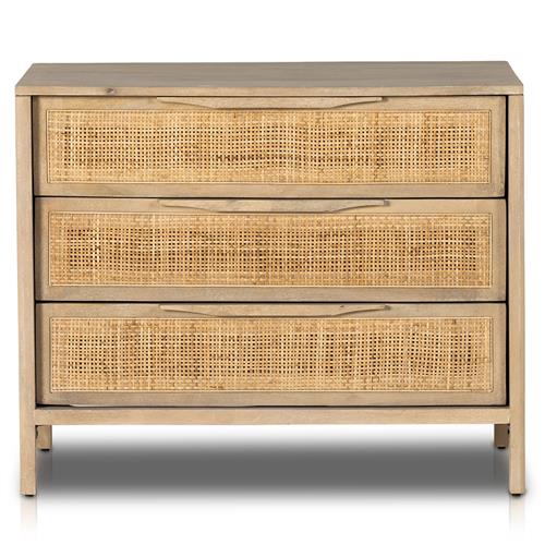 Rhian Coastal Beach Natural Mango Wood Woven Cane 3 Drawer Nightstand