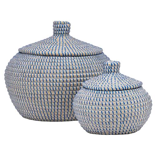 Pigeon and Poodle Roslyn Navy Woven Whitewashed Seagrass Round Basket - Set of 2