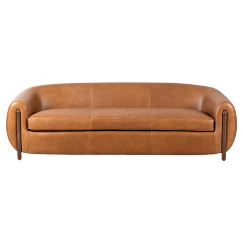 Riley Mid Century Modern Brown Upholstered Leather Wood Frame Sofa - 86.5&quot;W