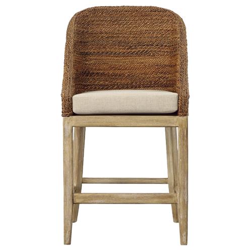 Larissa Coastal Beach Cream Upholstered Linen Brown Oak Woven Rope Counter Stool