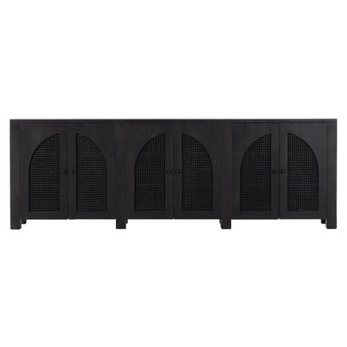 Kashton Mid Century Black Solid Mango Wood Arched Woven Cane 6 Door Sideboard