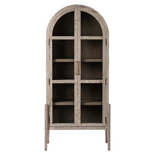 Ivan Mid Century White Solid Oak Wood 2 Glass Door Arched Display Case
