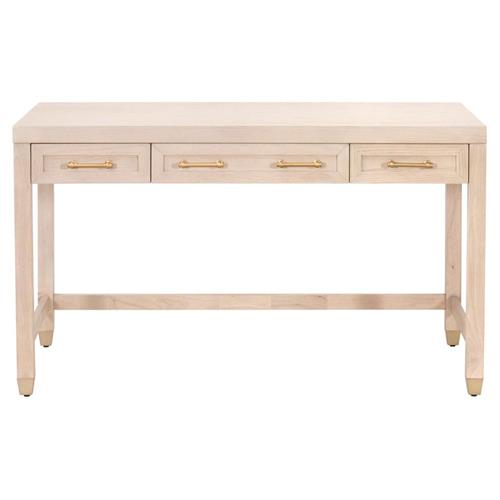 Stacy Modern Classic Light Brown Oak Wood Brass Steel 3 Drawer Desk