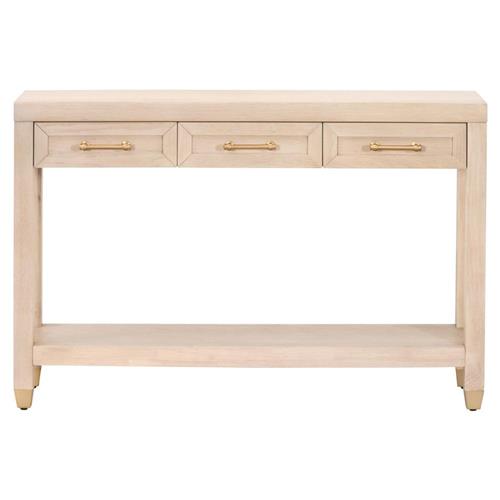 Stacy Modern Light Brown Oak Brass Steel 3 Drawer Rectangular Console Table