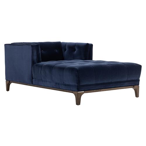 Allen Mid Century Blue Velvet Upholstered Brown Wood Tufted Chaise Lounge