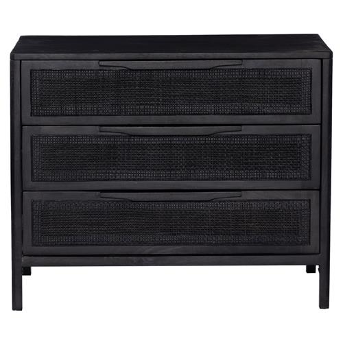 Rhian Coastal Beach Black Mango Wood Black Woven Cane 3 Drawer Nightstand