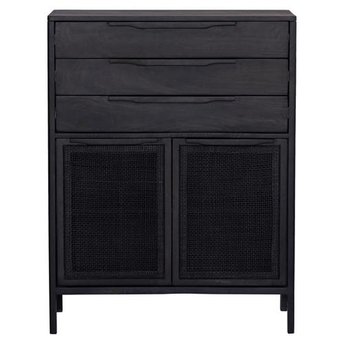 Rhian Coastal Beach Black Mango Wood Black Woven Cane 3 Drawer Dresser