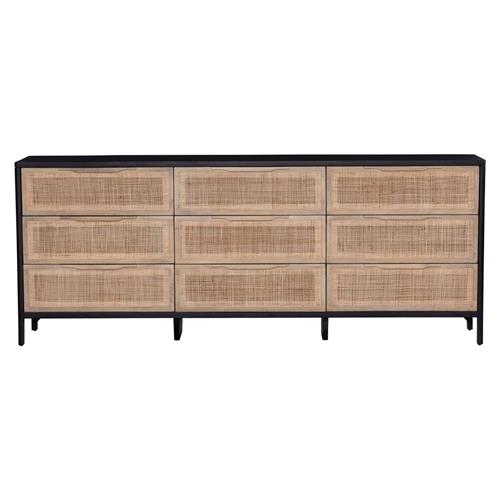 Rhian Coastal Natural Woven Cane Black Mango Wood 9 Drawer Dresser