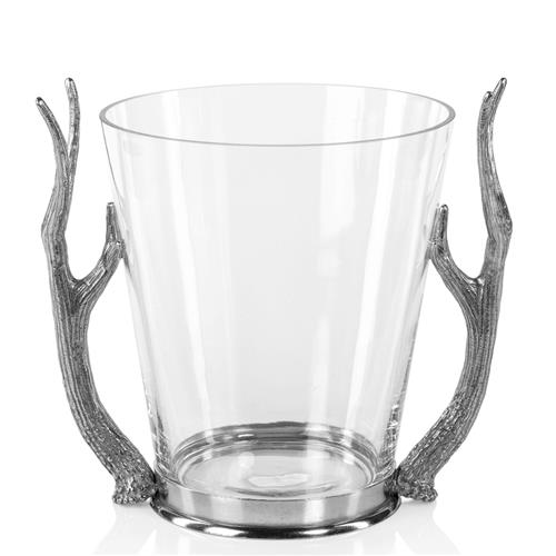 David Rustic Lodge Clear Glass Pewter Antler Handles Wine Bucket
