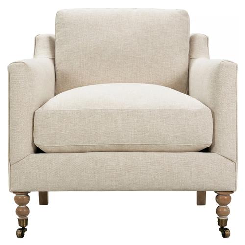 Madeline Straw Performance Washed Oak Brass Casters Arm Chair