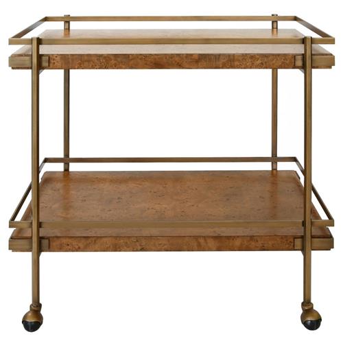 Worlds Away Cash Modern Classic Dark Brown Burl Wood Antique Brass Bar Cart