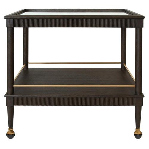 Worlds Away Dublin Mid Century Modern Glass Top Espresso Brown Oak Bar Cart