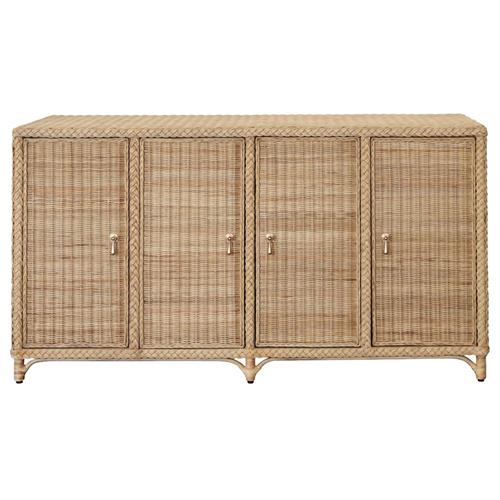 Worlds Away Evander Coastal Beach Natural Woven Rattan Brass Pulls Buffet