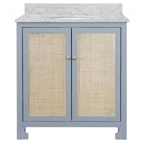 Worlds Away Boyd Coastal White Marble Cane Blue Wood Vanity Sink - 31&quot;