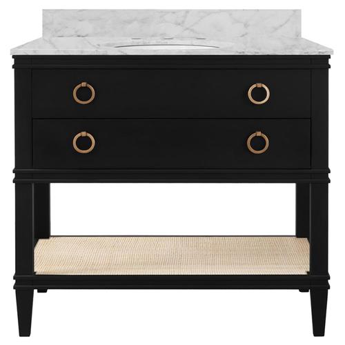 Worlds Away Cutler French Country White Marble Cane Black Oak Vanity Sink - 37&quot;