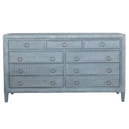 Kalea Coastal Beach Blue Woven Rattan 9 Drawer Dresser
