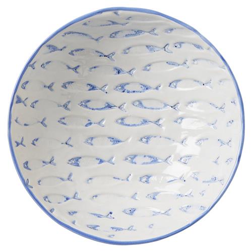 Gideon Coastal White Stoneware Blue Fish Cereal Bowl - Set of 4