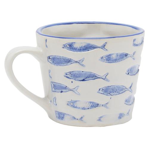 Gideon Coastal White Stoneware Blue Fish Mug - Set of 4