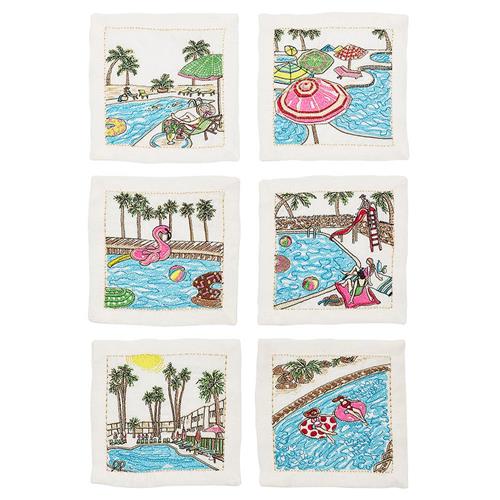 Pool Day Modern White Linen Cocktail Napkin - Set of 6