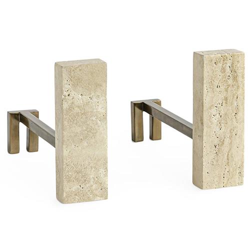 Palecek Cordell Modern Natural Travertine Brass Metal Fireplace Andirons