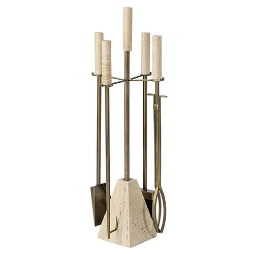 Palecek Cordell Natural Travertine Stone Brass Iron 4 Piece Fireplace Tool Set