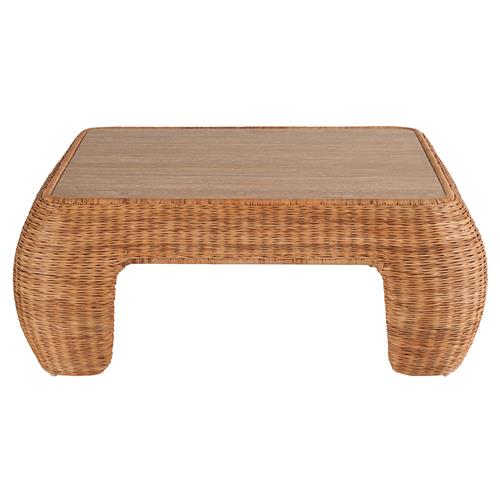 Carter Coastal Beach Brown Travertine Natural Woven Rattan Square Coffee Table