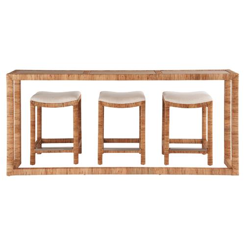 Carter Coastal Brown Travertine Top Natural Rattan Console Table with Stools