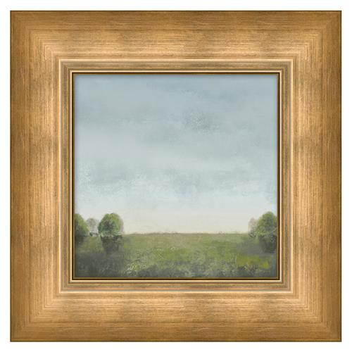 Breezy French Country Blue Sky Green Landscape Brown Frame Painting - 16x16