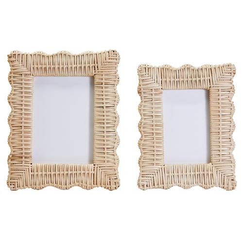 Amina Coastal Beach Natural Woven Rattan Scalloped Photo Frame - Set of 2