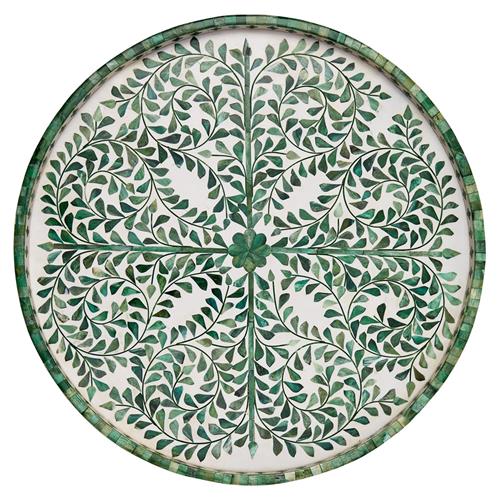 Adeline French Country Green Floral Bone White Resin Round Decorative Tray