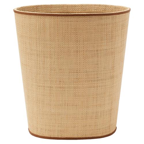 Pigeon and Poodle Hanford Natural Woven Raffia Saddle Leather Oval Waste Basket