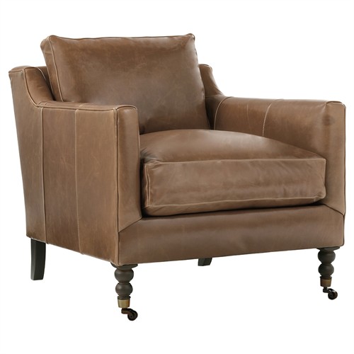 Madeline French Country Cocoa Brown Upholstered Leather Casters Arm Chair