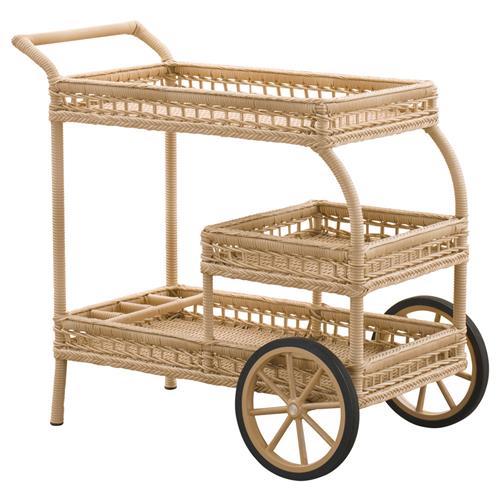 Connor Coastal Beach Natural Herringbone Woven Faux Rattan Outdoor Bar Cart