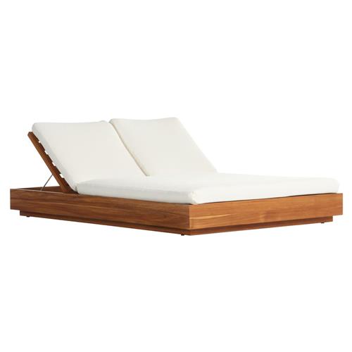 Kisha Modern Classic Cream Upholstered Natural Teak Outdoor Double Chaise