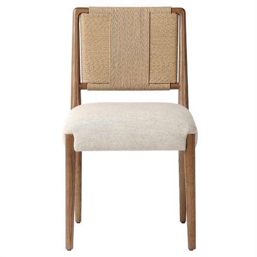 Ronan Coastal Beige Upholstered Seat Woven Rush Brown Oak Wood Dining Side Chair