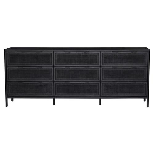 Rhian Coastal Black Mango Wood Woven Cane 9 Drawer Dresser