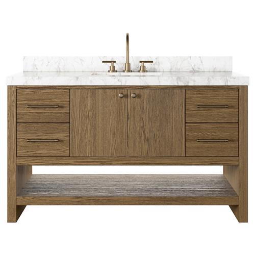 Allissa Modern Classic Carrara Marble Natural Oak Wide Vanity Sink - 55&quot;