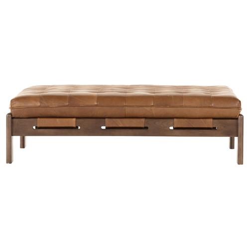 Hadley Rustic Brown Leather Wood Tufted Ottoman